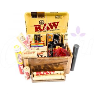 Ultimate RAW Wooden Cache Box with Rolling Tray Set - 21 Items