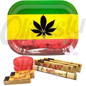 Rasta Tray with Black Leaf Metal Rolling Tray Set
