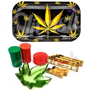 Gold Leaf Black Metal Rolling with Ash Tray Set