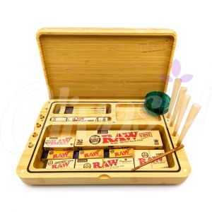 RAW Wooden Rolling Tray with Cones, Papers and Tips Spirit Box Set
