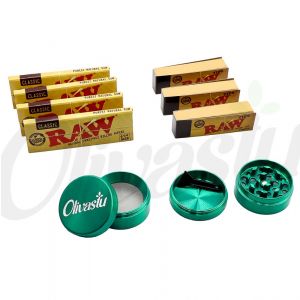 4 x Raw 1 1/4 + 3 x Roach Tips + Metal 4 Part Grinder Gift Set