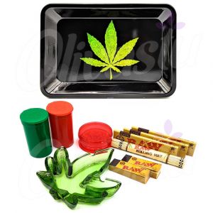Black With Green Swirls Leaf Metal Rolling Tray Set