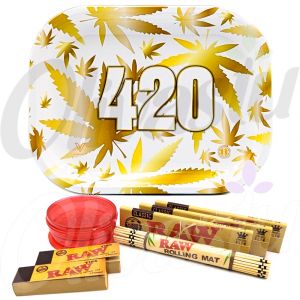 420 Gold Weed Leaf Metal Rolling Tray Set