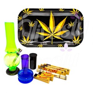 Gold Leaf Black Metal Rolling Tray Bong Set