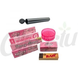 Pink Rolling Set - Rolling Papers + Cone Holder + Grinder + Tips