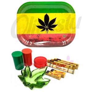 Rasta Black Leaf Metal Rolling Tray with Ash Tray Set