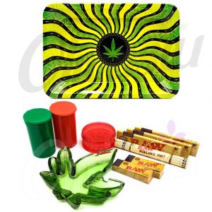 Green Wavy Hypnotic Leaf Metal Rolling Tray Ash Tray Set