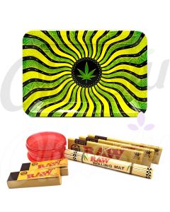 Green Wavy Hypnotic Leaf Metal Rolling Tray Set