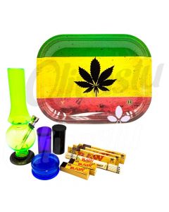 Rasta Black Leaf Metal Rolling Tray Bong Set