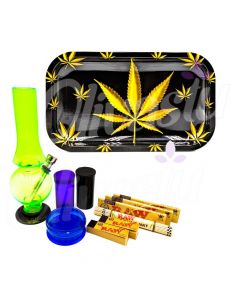 Gold Leaf Black Metal Rolling Tray Bong Set