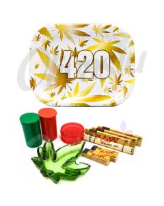 420 Gold Weed Leaf Metal Rolling with Ash Tray Set